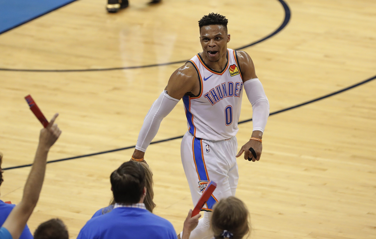 Oklahoma City Thunder guard Russell Westbrook (0) celebrates after scoring against the Portland Trail Blazers in the first half of Game 4 of an NBA basketball first-round playoff series Sunday, April 21, 2019, in Oklahoma City. (AP Photo/Alonzo Adams)