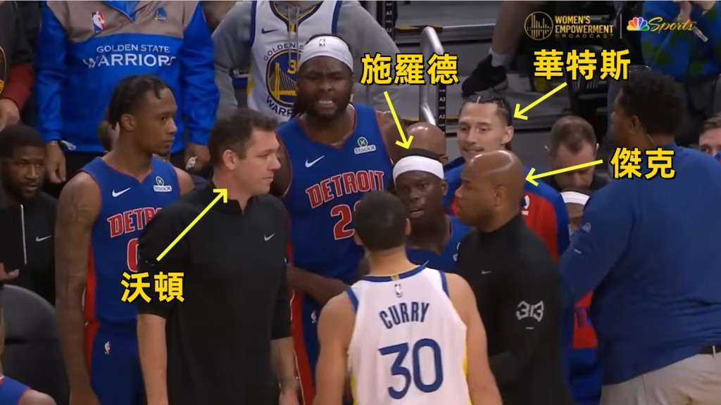 NBA / 【影片】活塞史都華與柯瑞發生衝突，活塞板凳球員+教練員將其拉住，結果發現身邊全是「勇士」！