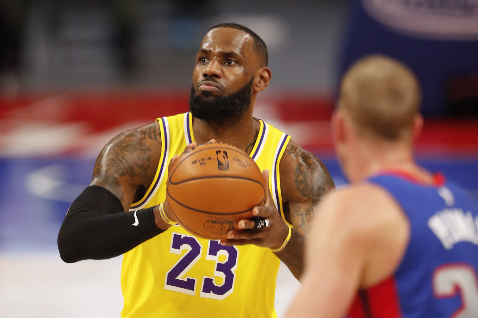 Jan 28, 2021; Detroit, Michigan, USA; Los Angeles Lakers forward LeBron James (23) goes up for a shot against Detroit Pistons center Mason Plumlee (24) during the first quarter at Little Caesars Arena. Mandatory Credit: Raj Mehta-USA TODAY Sports