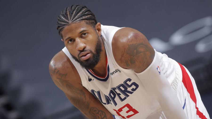 SACRAMENTO, CA - JANUARY 15: Paul George #13 of the Los Angeles Clippers looks on during the game against the Sacramento Kings on January 15, 2021 at Golden 1 Center in Sacramento, California. NOTE TO USER: User expressly acknowledges and agrees that, by downloading and or using this photograph, User is consenting to the terms and conditions of the Getty Images Agreement. Mandatory Copyright Notice: Copyright 2021 NBAE (Photo by Rocky Widner/NBAE via Getty Images)