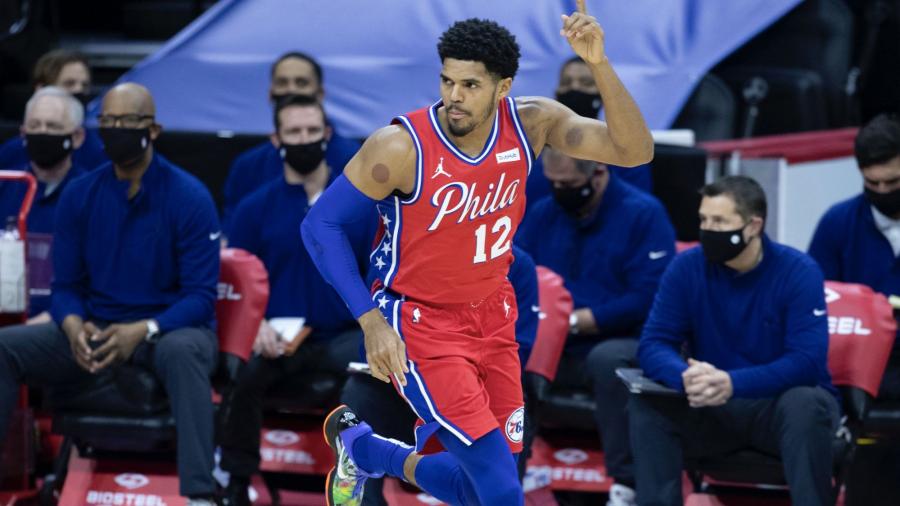 PHILADELPHIA, PA - JANUARY 14: Tobias Harris #12 of the Philadelphia 76ers reacts Miami Heat at the Wells Fargo Center on January 14, 2021 in Philadelphia, Pennsylvania. The 76ers defeated the Heat 125-108. NOTE TO USER: User expressly acknowledges and agrees that, by downloading and or using this photograph, User is consenting to the terms and conditions of the Getty Images License Agreement. (Photo by Mitchell Leff/Getty Images)