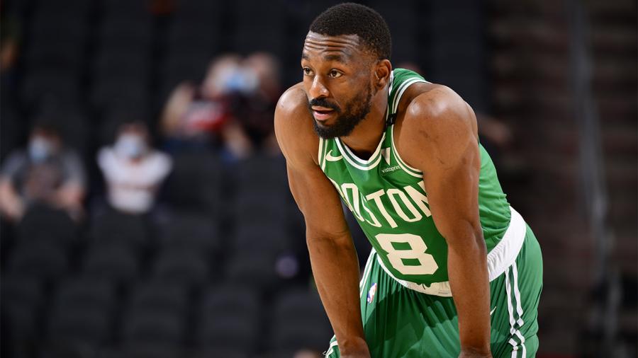 PHOENIX, AZ - FEBRUARY 7: Kemba Walker #8 of the Boston Celtics looks on during the game against the Phoenix Suns on February 7, 2021 at Talking Stick Resort Arena in Phoenix, Arizona. NOTE TO USER: User expressly acknowledges and agrees that, by downloading and or using this photograph, user is consenting to the terms and conditions of the Getty Images License Agreement. Mandatory Copyright Notice: Copyright 2021 NBAE (Photo by Barry Gossage/NBAE via Getty Images)