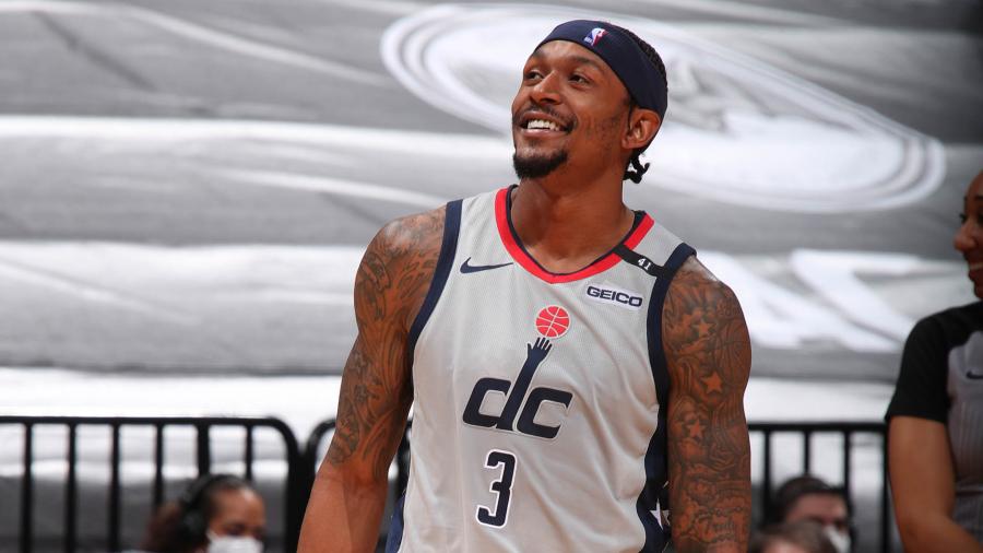 MIAMI, FL - FEBRUARY 3: Bradley Beal #3 of the Washington Wizards smiles during the game against the Miami Heat on February 3, 2021 at American Airlines Arena in Miami, Florida. NOTE TO USER: User expressly acknowledges and agrees that, by downloading and or using this Photograph, user is consenting to the terms and conditions of the Getty Images License Agreement. Mandatory Copyright Notice: Copyright 2021 NBAE (Photo by Issac Baldizon/NBAE via Getty Images)