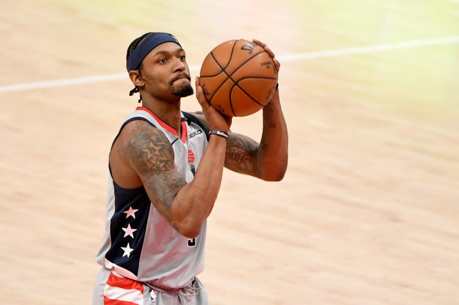 WASHINGTON, DC - JANUARY 31: Bradley Beal #3 of the Washington Wizards shoots a free throw during the second half against the Brooklyn Nets at Capital One Arena on January 31, 2021 in Washington, DC. NOTE TO USER: User expressly acknowledges and agrees that, by downloading and or using this photograph, User is consenting to the terms and conditions of the Getty Images License Agreement. (Photo by Will Newton/Getty Images)