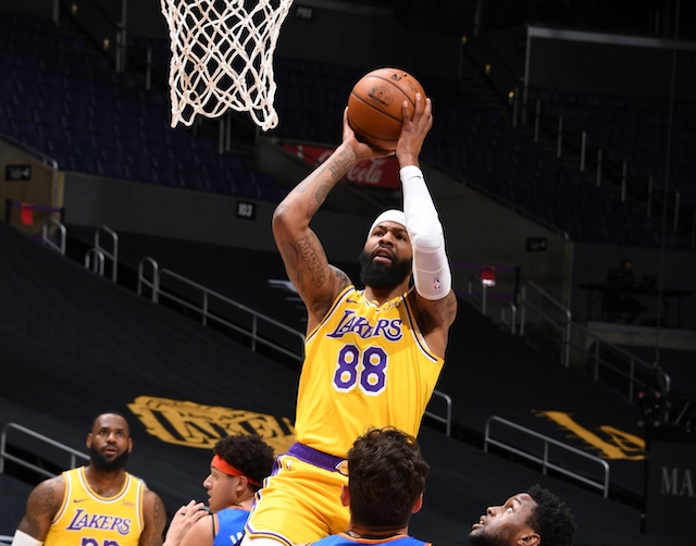 LOS ANGELES, CA - FEBRUARY 10: Markieff Morris #88 of the Los Angeles Lakers shoots the ball during the game against the Oklahoma City Thunder on February 10, 2021 at STAPLES Center in Los Angeles, California. NOTE TO USER: User expressly acknowledges and agrees that, by downloading and/or using this Photograph, user is consenting to the terms and conditions of the Getty Images License Agreement. Mandatory Copyright Notice: Copyright 2021 NBAE (Photo by Adam Pantozzi/NBAE via Getty Images)