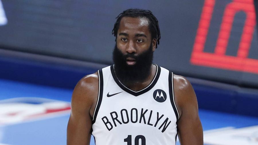 Jan 29, 2021; Oklahoma City, Oklahoma, USA; Brooklyn Nets guard James Harden (13) reacts during a time out in the first quarter against the Oklahoma City Thunder at Chesapeake Energy Arena. Mandatory Credit: Alonzo Adams-USA TODAY Sports