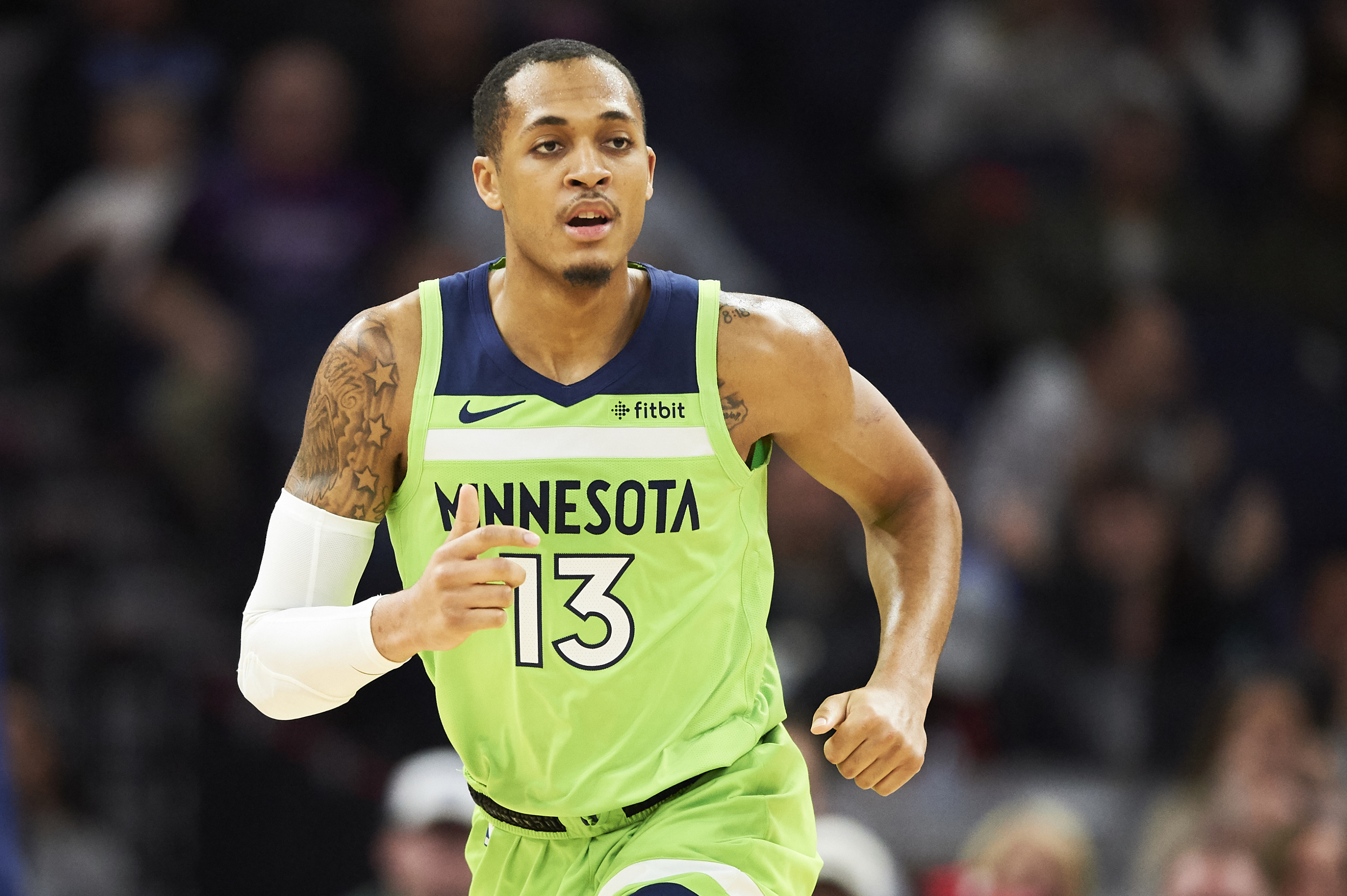 MINNEAPOLIS, MN - MARCH 09: Cameron Reynolds #13 of the Minnesota Timberwolves runs down the court during the game against the Washington Wizards on March 9, 2019 at the Target Center in Minneapolis, Minnesota. NOTE TO USER: User expressly acknowledges and agrees that, by downloading and or using this Photograph, user is consenting to the terms and conditions of the Getty Images License Agreement. (Photo by Hannah Foslien/Getty Images)