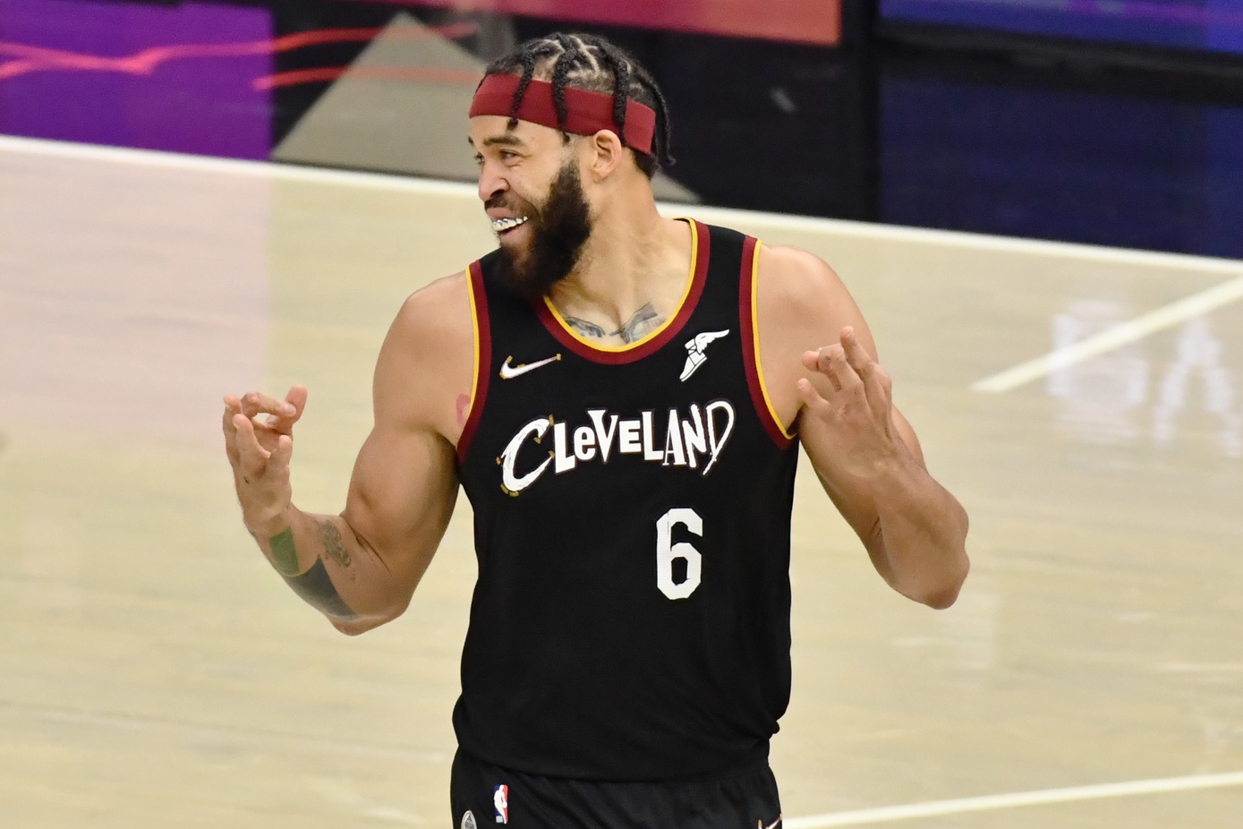 Dec 27, 2020; Cleveland, Ohio, USA; Cleveland Cavaliers center JaVale McGee (6) celebrates a three pointer during the second quarter against the Philadelphia 76ers at Rocket Mortgage FieldHouse. Mandatory Credit: Ken Blaze-USA TODAY Sports