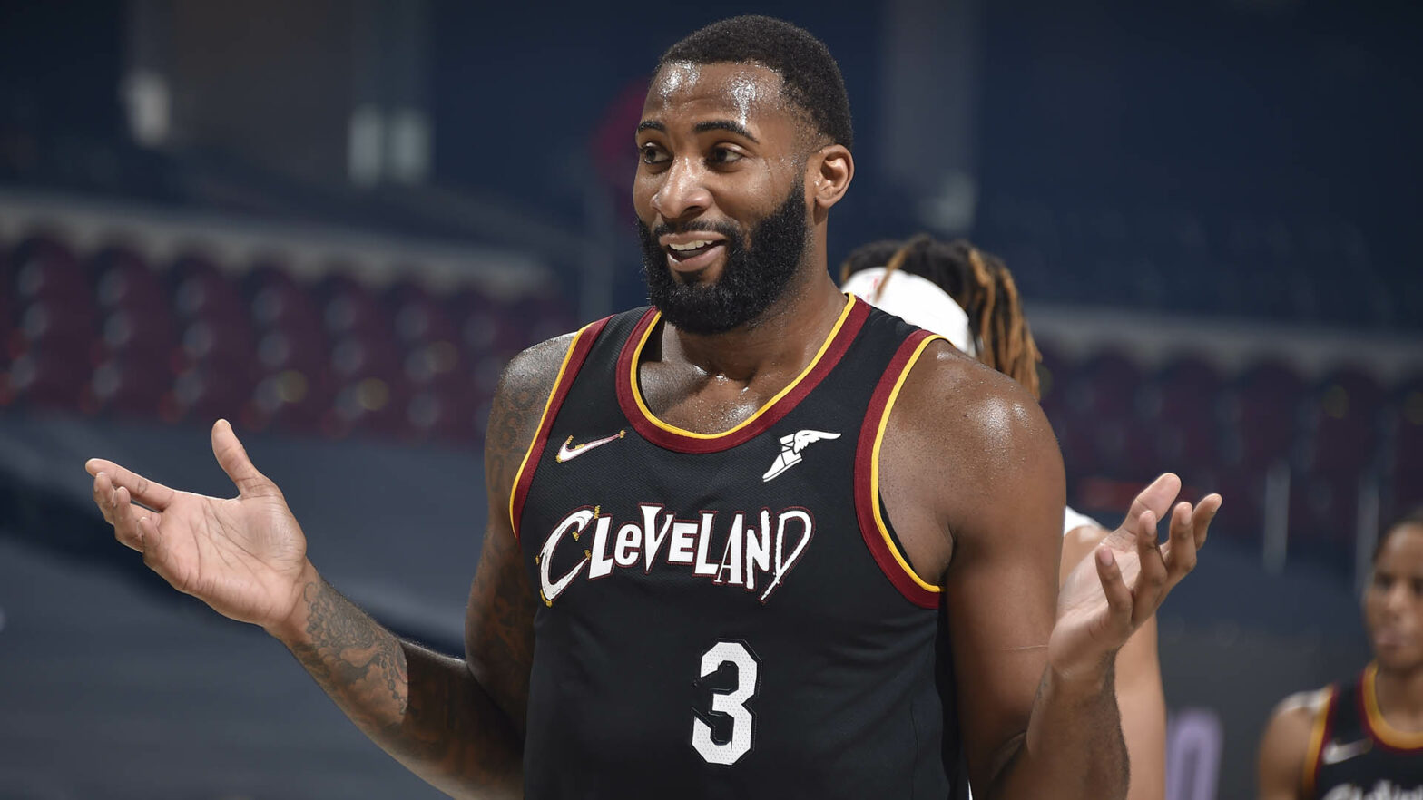 CLEVELAND, OH - JANUARY 11: Andre Drummond #3 of the Cleveland Cavaliers looks on during the game against the Memphis Grizzlies on January 11, 2021 at Rocket Mortgage FieldHouse in Cleveland, Ohio. NOTE TO USER: User expressly acknowledges and agrees that, by downloading and/or using this Photograph, user is consenting to the terms and conditions of the Getty Images License Agreement. Mandatory Copyright Notice: Copyright 2021 NBAE (Photo by David Liam Kyle/NBAE via Getty Images)