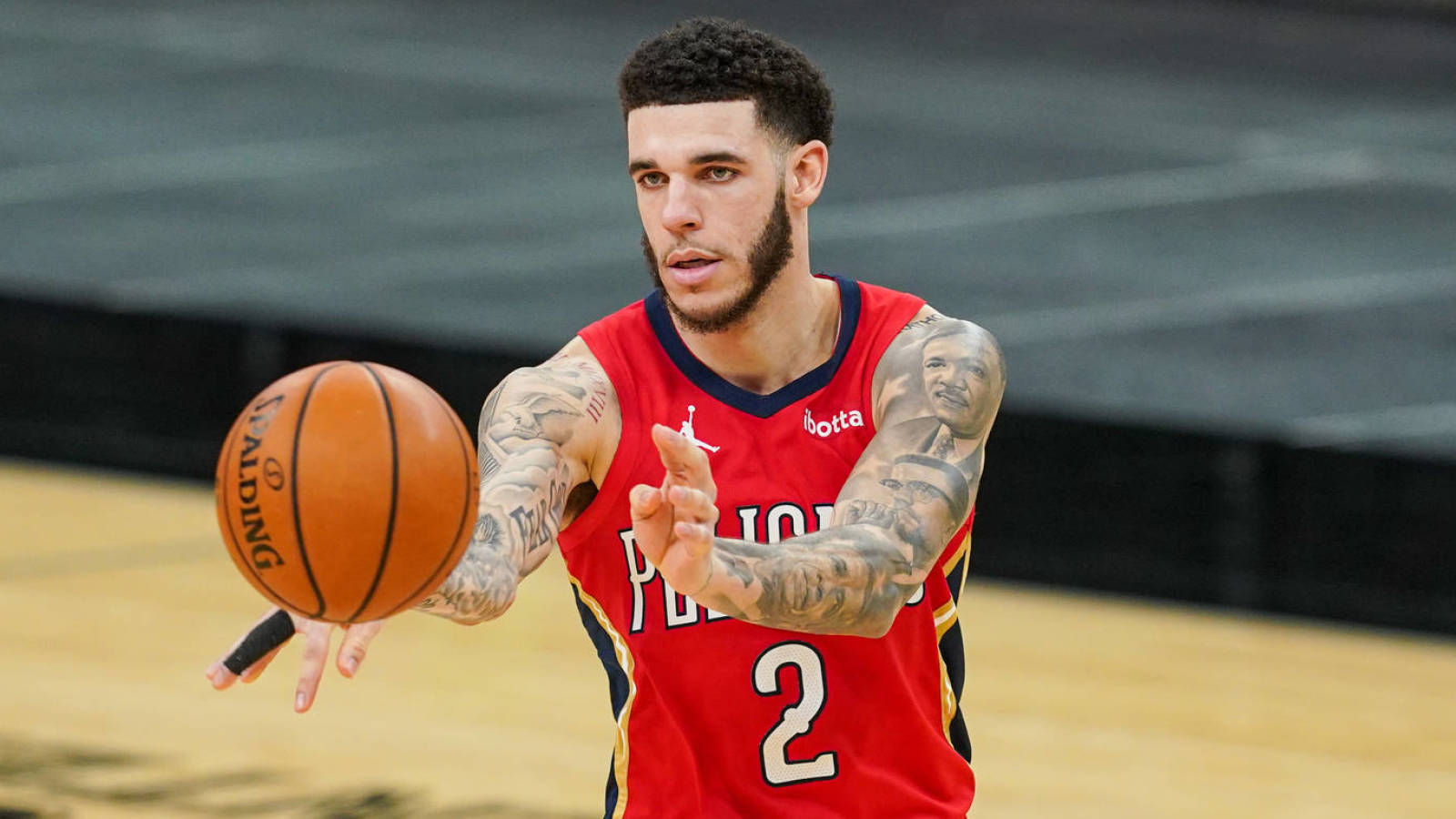 Feb 27, 2021; San Antonio, Texas, USA;  New Orleans Pelicans guard Lonzo Ball (2) passes in the second half against the San Antonio Spurs at the AT&T Center. Mandatory Credit: Daniel Dunn-USA TODAY Sports