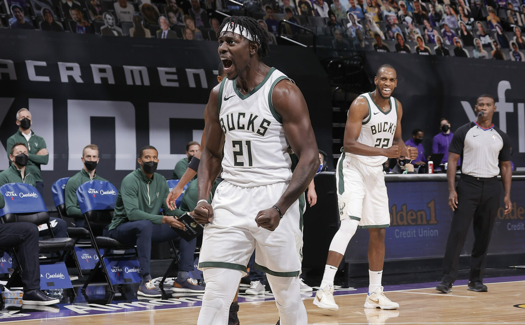 SACRAMENTO, CA - APRIL 3: Jrue Holiday #21 of the Milwaukee Bucks reacts to a play during the game against the Sacramento Kings on April 3, 2021 at Golden 1 Center in Sacramento, California. NOTE TO USER: User expressly acknowledges and agrees that, by downloading and or using this Photograph, user is consenting to the terms and conditions of the Getty Images License Agreement. Mandatory Copyright Notice: Copyright 2021 NBAE (Photo by Rocky Widner/NBAE via Getty Images)