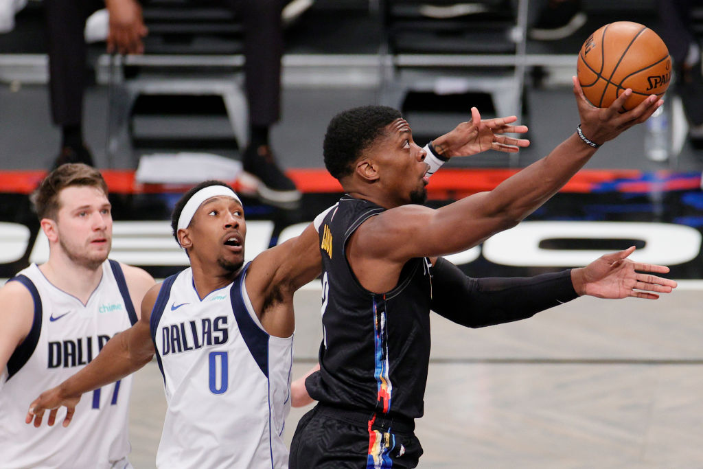 NEW YORK, NEW YORK - FEBRUARY 27: Tyler Cook #2 of the Brooklyn Nets shoots as Josh Richardson #0 of the Dallas Mavericks defends during the second half at Barclays Center on February 27, 2021 in the Brooklyn borough of New York City. The Mavericks won 115-98. NOTE TO USER: User expressly acknowledges and agrees that, by downloading and or using this Photograph, user is consenting to the terms and conditions of the Getty Images License Agreement. (Photo by Sarah Stier/Getty Images)