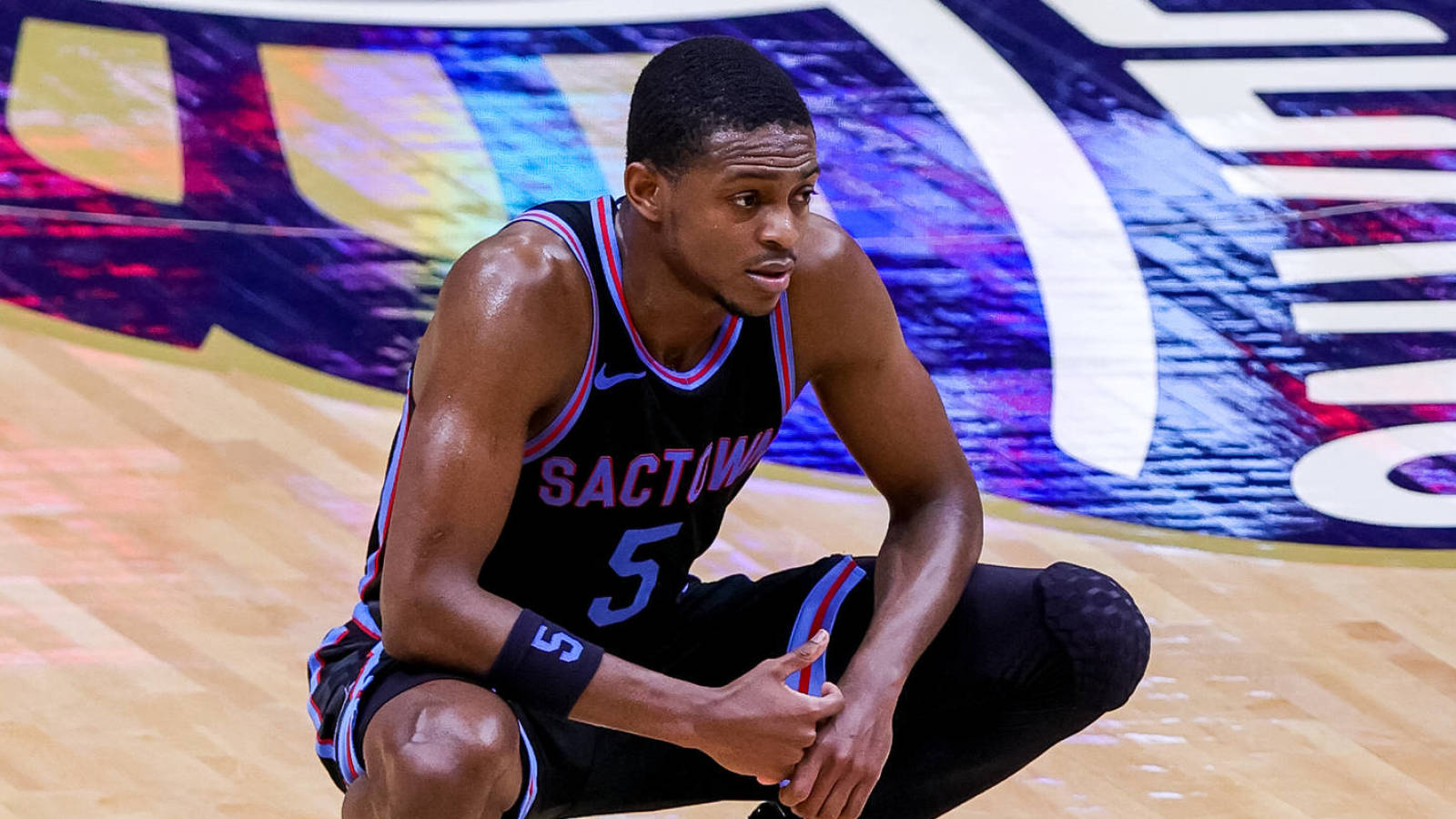 Apr 12, 2021; New Orleans, Louisiana, USA; Sacramento Kings guard De'Aaron Fox (5) reacts during a free throw by the New Orleans Pelicans during the second half at Smoothie King Center. Mandatory Credit: Stephen Lew-USA TODAY Sports