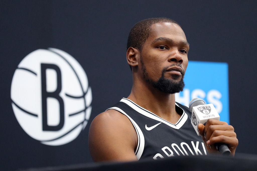 NEW YORK, NEW YORK - SEPTEMBER 27: Kevin Durant #7 of the Brooklyn Nets speaks to media during Brooklyn Nets Media Day at HSS Training Center on September 27, 2019 in the Brooklyn Borough of New York City. NOTE TO USER: User expressly acknowledges and agrees that, by downloading and or using this photograph, User is consenting to the terms and conditions of the Getty Images License Agreement. (Photo by Mike Lawrie/Getty Images)