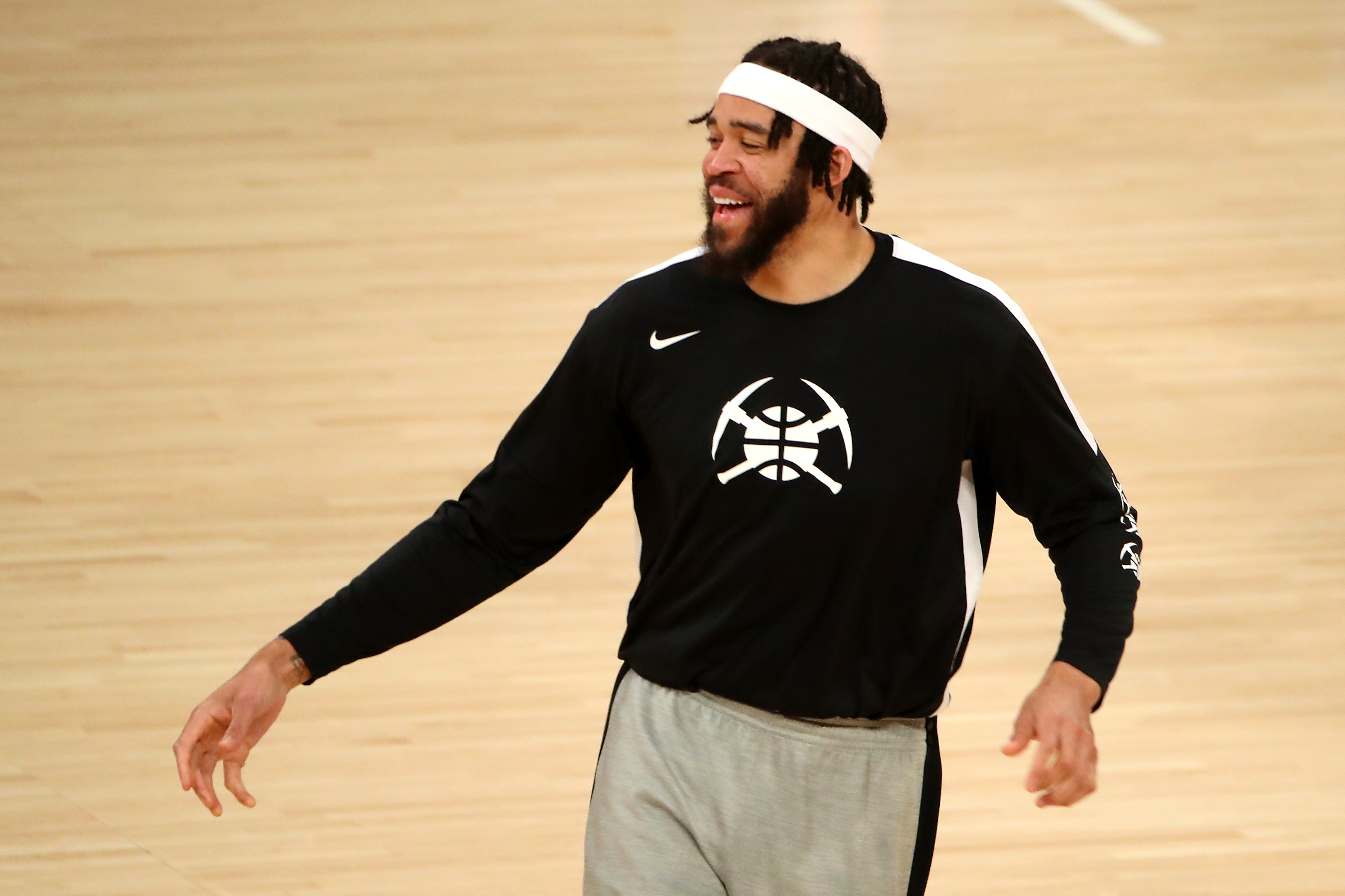 LOS ANGELES, CALIFORNIA - MAY 03: JaVale McGee #34 of the Denver Nuggets looks on during warmups before the game against the Los Angeles Lakers at Staples Center on May 03, 2021 in Los Angeles, California. NOTE TO USER: User expressly acknowledges and agrees that, by downloading and or using this photograph, User is consenting to the terms and conditions of the Getty Images License Agreement. (Photo by Katelyn Mulcahy/Getty Images)