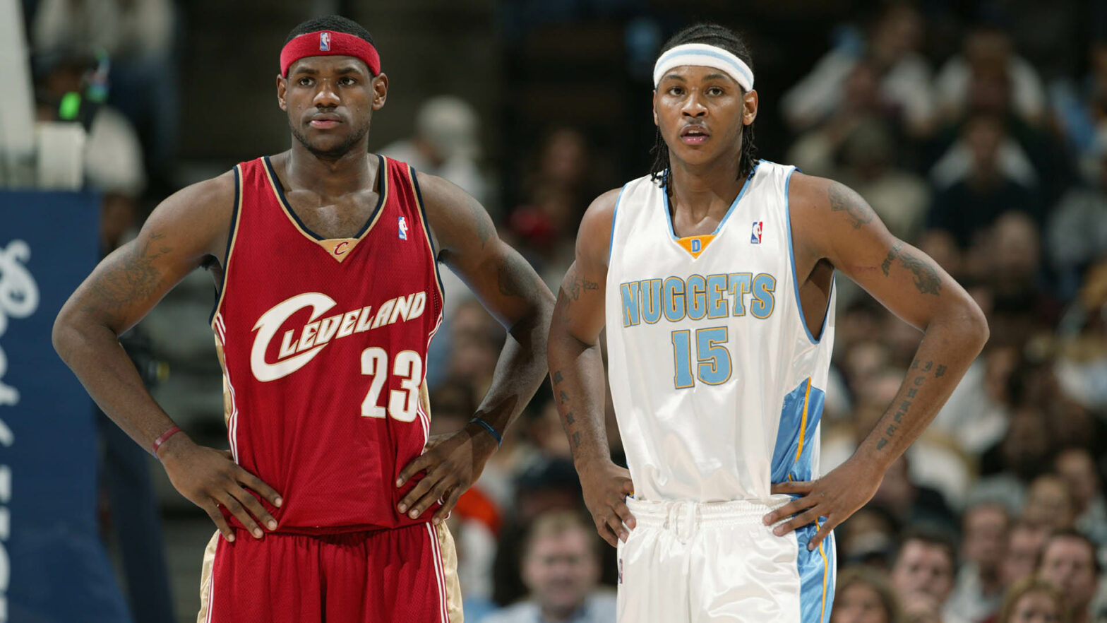 DENVER -DECEMBER 2: LeBron James #23 of the Cleveland Cavaliers and Carmelo Anthony #15 of the Denver Nuggets look on during the game at the Pepsi Center in Denver, Colorado on December 2, 2003. The Nuggets won 115-103. NOTE TO USER: User expressly acknowledges and agrees that, by downloading and/or using this Photograph, User is consenting to the terms and conditions of the Getty Images License Agreement Copyright 2003 NBAE (Photo by Nathaniel S. Butler/NBAE via Getty Images)