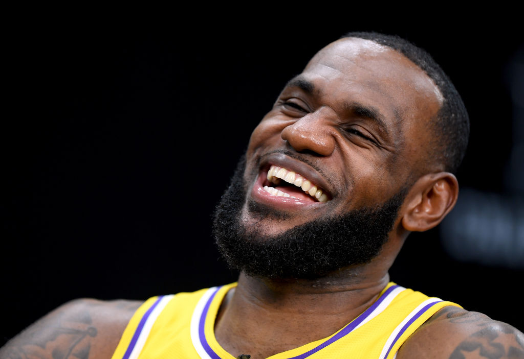 EL SEGUNDO, CA - SEPTEMBER 24: LeBron James of the Los Angeles Lakers laughs as he speaks on a set during the Los Angeles Lakers Media Day at the UCLA Health Training Center on September 24, 2018 in El Segundo, California. (Photo by Harry How/Getty Images)