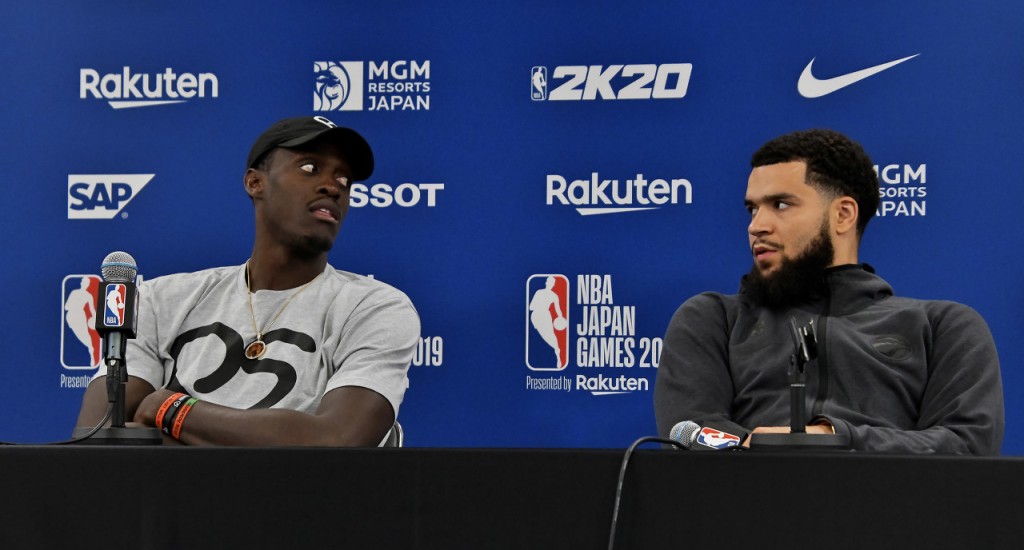 Toronto Raptors' Power forward Pascal Siakam and Point guard Fred VanVleet attends a press conference after match between the Houston Rockets and the Toronto Raptors of the "NBA Japan Games" in Saitama, Japan on Tuesday, October 8, 2019. Photo by Keizo Mori/UPI Photo via Newscom