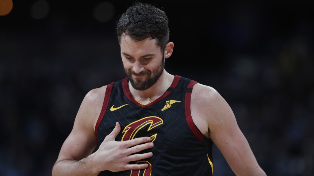 Cleveland Cavaliers forward Kevin Love (0) in the second half of an NBA basketball game Saturday, Jan. 11, 2020, in Denver. The Cavaliers won 111-103. (AP Photo/David Zalubowski)