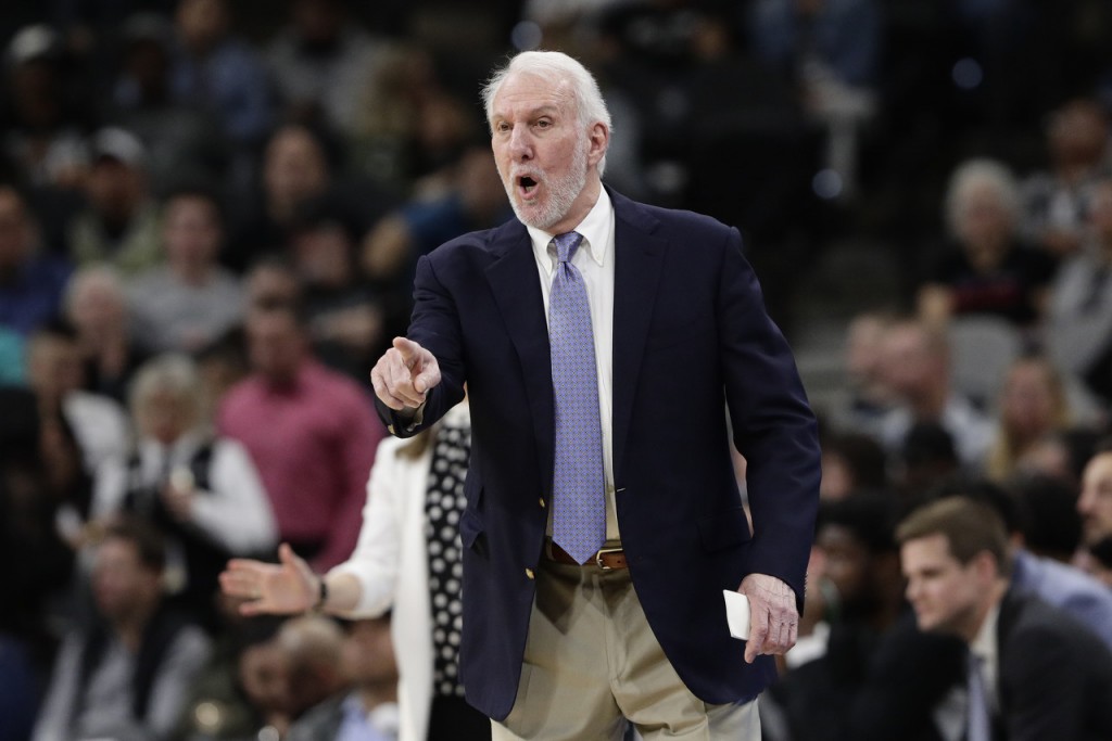 San Antonio Spurs head coach Gregg Popovich during the second half of an NBA basketball game against the Atlanta Hawks in San Antonio, Friday, Jan. 17, 2020. Atlanta won 121-120. (AP Photo/Eric Gay)