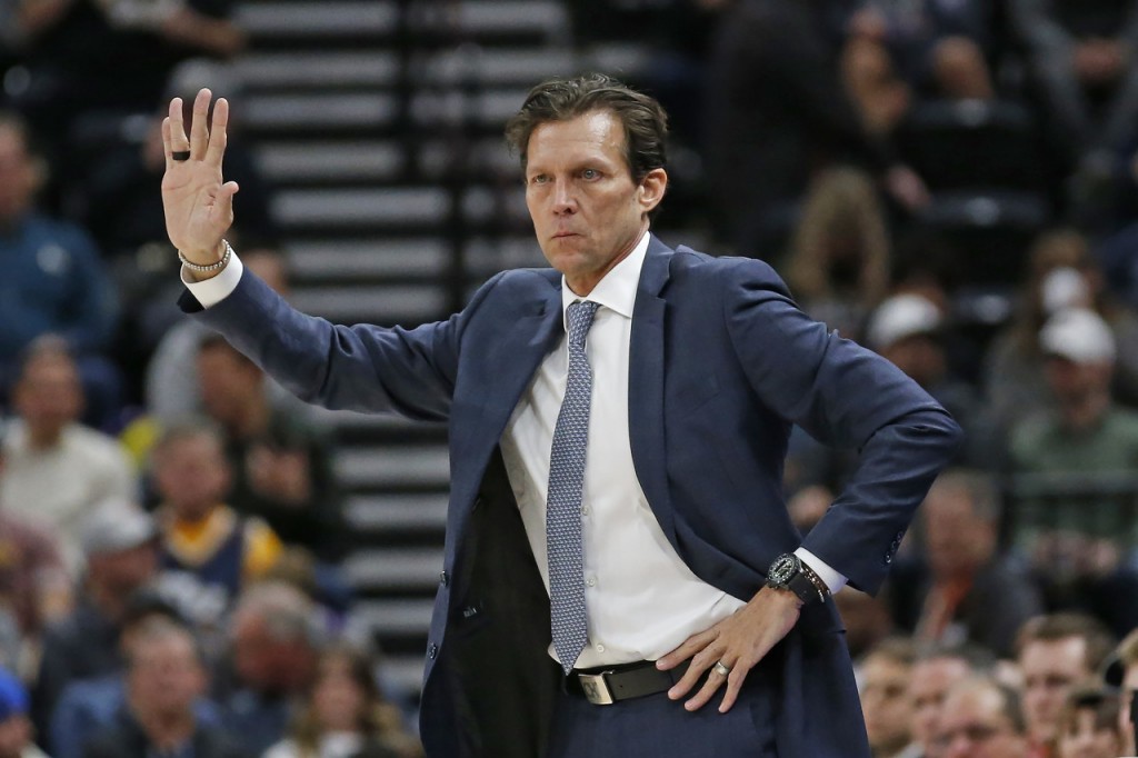 Utah Jazz coach Quin Snyder directs the team during the first half of an NBA basketball game against the Sacramento Kings on Saturday, Jan. 18, 2020, in Salt Lake City. (AP Photo/Rick Bowmer)