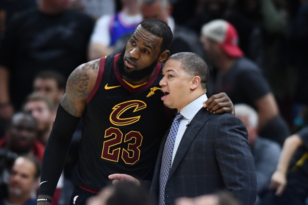 Jun 6, 2018; Cleveland, OH, USA; Cleveland Cavaliers forward LeBron James (23) talks with Cavaliers head coach Tyronn Lue during the third quarter in game three of the 2018 NBA Finals against the Golden State Warriors at Quicken Loans Arena. Mandatory Credit: Ken Blaze-USA TODAY Sports