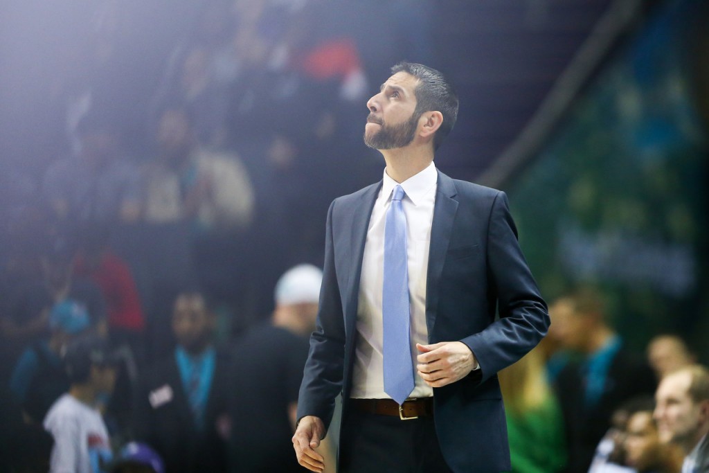 Mar 23, 2019; Charlotte, NC, USA; Charlotte Hornets head coach James Borrego looks on during the game against the Boston Celtics at Spectrum Center. Mandatory Credit: Jeremy Brevard-USA TODAY Sports