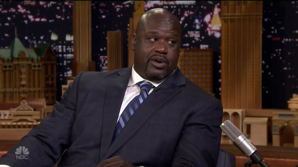 Shaquille O'Neal during an appearance on NBC's 'The Tonight Show Starring Jimmy Fallon.'  Shaquille O'Neal talks to Jimmy about a Miami party that ended with NFL star Rob Gronkowski dancing on his shoulders and his close history with *NSYNC. Jimmy and Shaq play a game of 'Blow your mind.' Featuring: Shaquille O'Neal Where: United States When: 27 Jun 2018 Credit: Supplied by WENN.com **WENN does not claim any ownership including but not limited to Copyright, License in attached material. Fees charged by WENN are for WENN's services only, do not, nor are they intended to, convey to the user any ownership of Copyright, License in material. By publishing this material you expressly agree to indemnify, to hold WENN, its directors, shareholders, employees harmless from any loss, claims, damages, demands, expenses (including legal fees), any causes of action, allegation against WENN arising out of, connected in any way with publication of the material.**