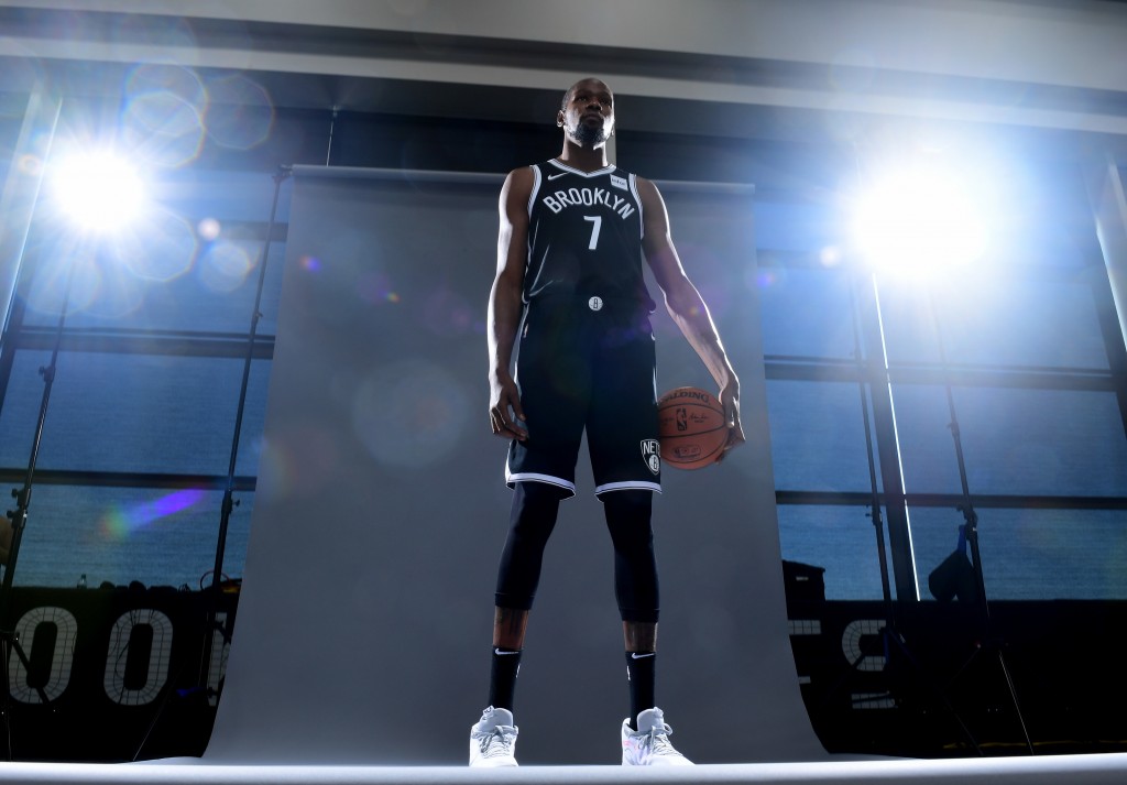 NEW YORK, NEW YORK - SEPTEMBER 27: Kevin Durant #7 of the Brooklyn Nets poses for a photograph during Media Day at HSS Training Center on September 27, 2019 in the Brooklyn borough of New York City. NOTE TO USER: User expressly acknowledges and agrees that, by downloading and or using this photograph, User is consenting to the terms and conditions of the Getty Images License Agreement. (Photo by Emilee Chinn/Getty Images)