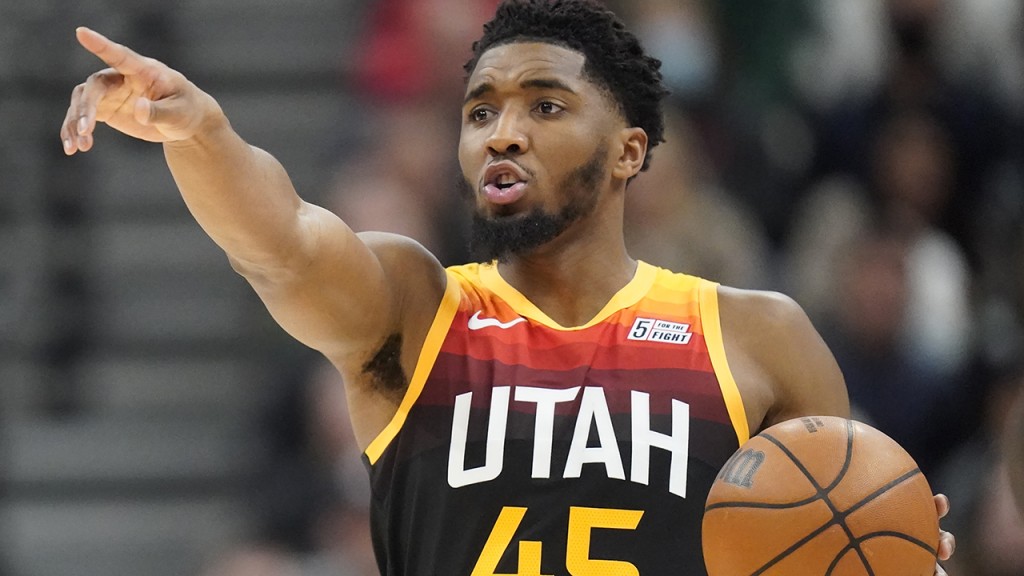 Utah Jazz guard Donovan Mitchell (45) brings the ball upcourt in the second half during an NBA basketball game against the Brooklyn Nets, Friday, Feb. 4, 2022, in Salt Lake City. (AP Photo/Rick Bowmer)