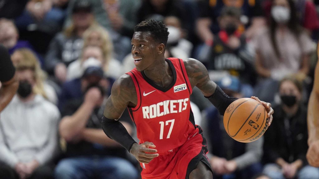 Houston Rockets Dennis Schroder (17) brings the ball up court in the first half during an NBA basketball game against the Utah Jazz Monday, Feb. 14, 2022, in Salt Lake City. (AP Photo/Rick Bowmer)