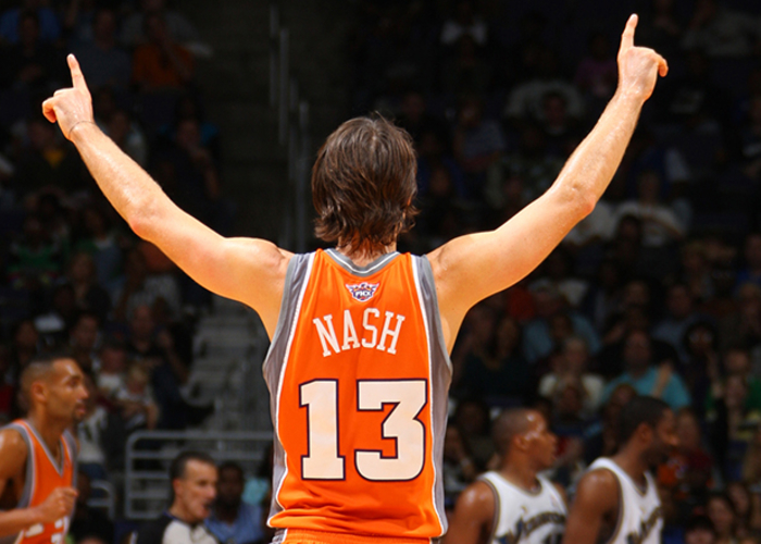 WASHINGTON - NOVEMBER 8: Steve Nash #13 of the Phoenix Suns celebrates after a basket against the Washington Wizards at the Verizon Center during game on November 8, 2009 in Washington, DC. NOTE TO USER: User expressly acknowledges and agrees that, by downloading and or using this photograph, User is consenting to the terms and conditions of the Getty Images License Agreement. Mandatory Copyright Notice: Copyright 2009 NBAE (Photo by Ned Dishman/NBAE via Getty Images) *** Local Caption *** Steve Nash