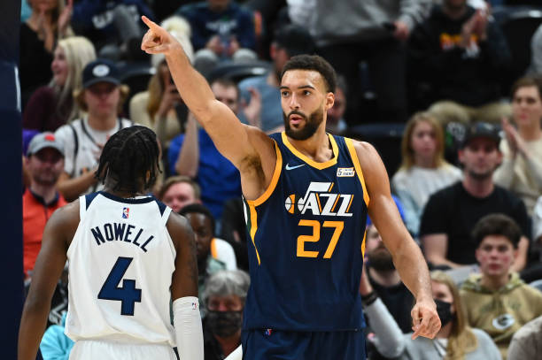 SALT LAKE CITY, UTAH - DECEMBER 23: Rudy Gobert #27 of the Utah Jazz reacts after a play in the second half of a game against the Minnesota Timberwolves at Vivint Smart Home Arena on December 23, 2021 in Salt Lake City, Utah. NOTE TO USER: User expressly acknowledges and agrees that, by downloading and or using this photograph, User is consenting to the terms and conditions of the Getty Images License Agreement. (Photo by Alex Goodlett/Getty Images)