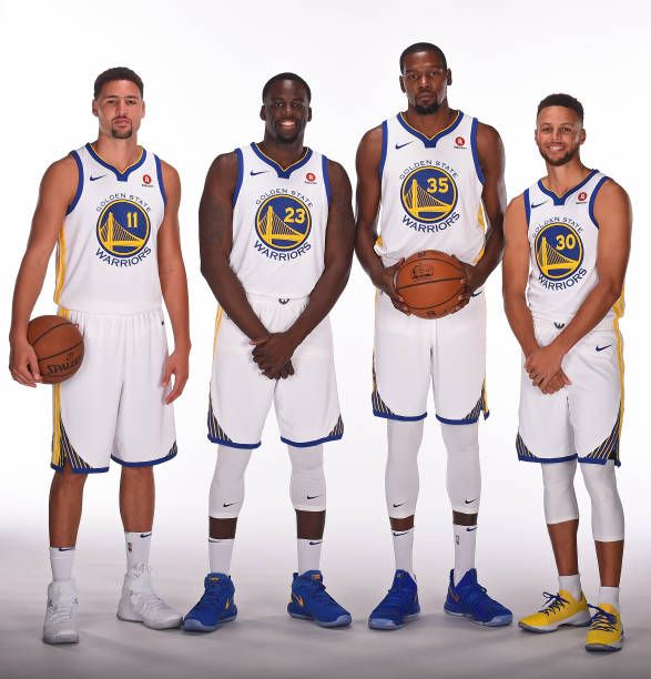 Klay Thompson Draymond Green Kevin Durant and Stephen Curry of the Golden  State Warriors pose for a portrait during … | Golden state warriors,  Sports, Klay thompson