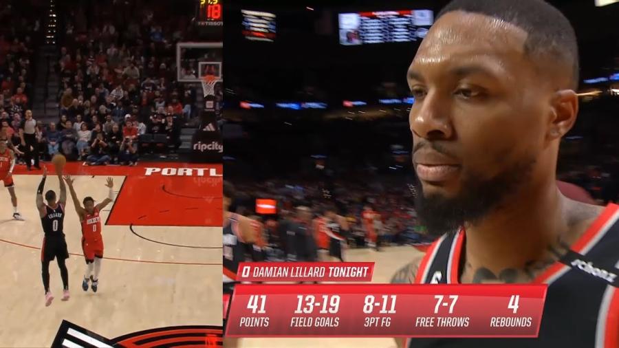 Damian Lillard hits deep logo 3 and scores 41 points in first half vs  Rockets - YouTube