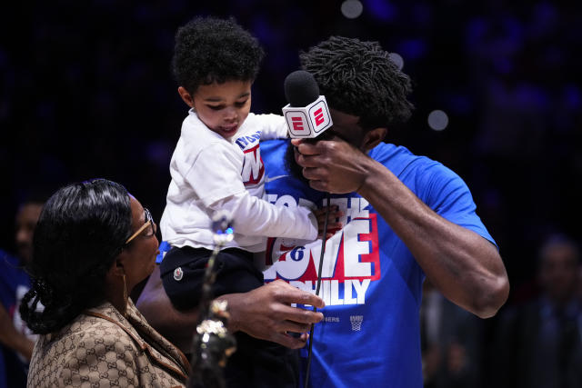 Joel Embiid breaks down in tears after son, Arthur, runs onto the court  during NBA MVP presentation